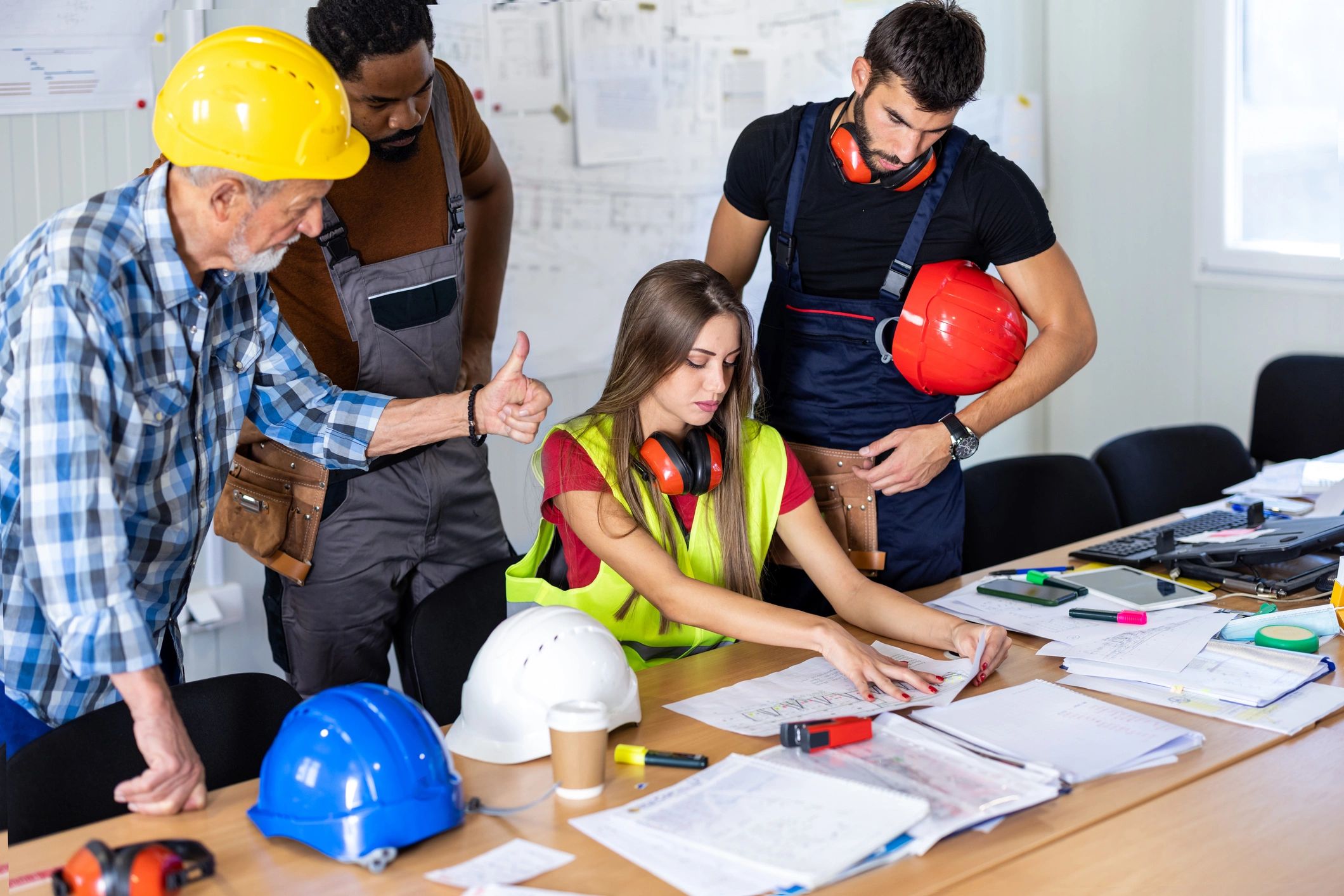 Construction leadership team reviewing blueprints